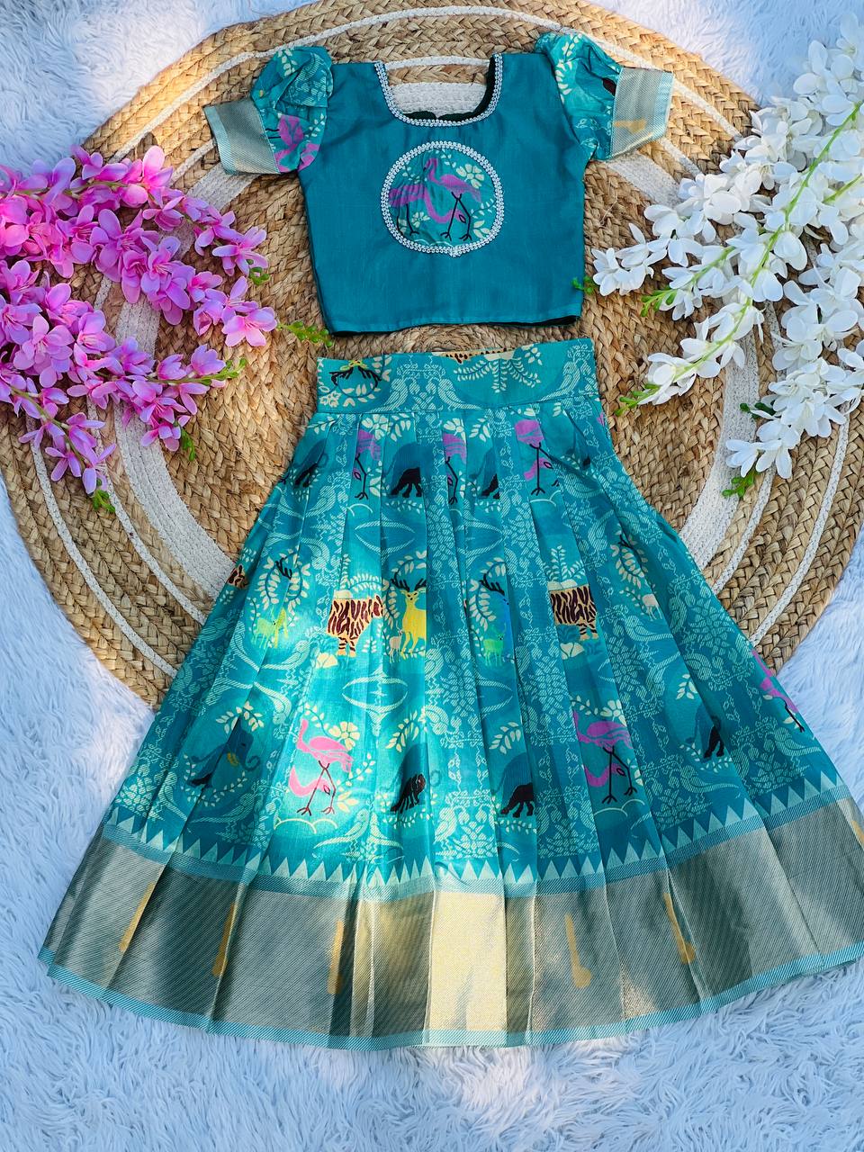 Kids Cotton Lehenga Choli with Border Thread Work | Adjustable Drawstring