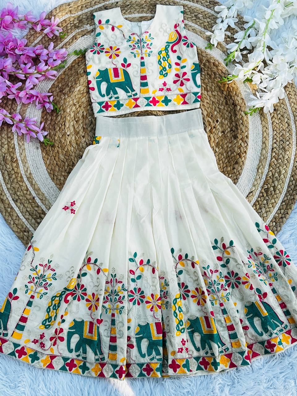 Kids Pure Cotton Silk Lehenga Choli with Border Thread Work | Adjustable Drawstring & Tassels