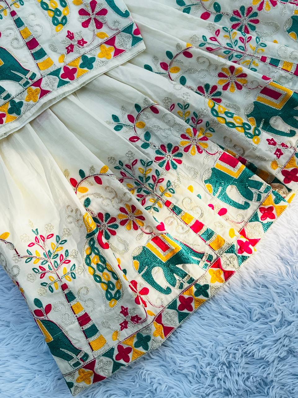 Kids Pure Cotton Silk Lehenga Choli with Border Thread Work | Adjustable Drawstring & Tassels