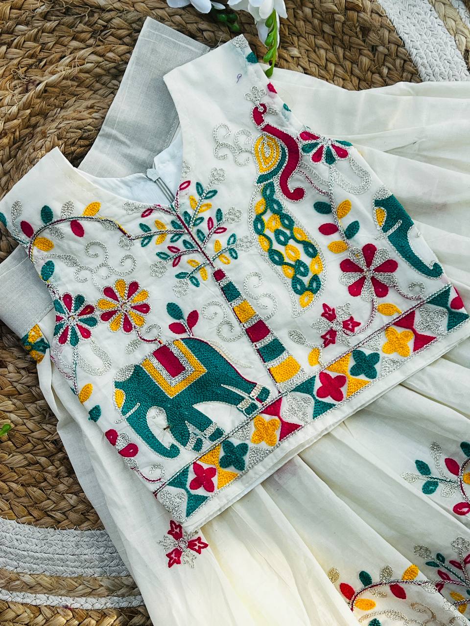 Kids Pure Cotton Silk Lehenga Choli with Border Thread Work | Adjustable Drawstring & Tassels