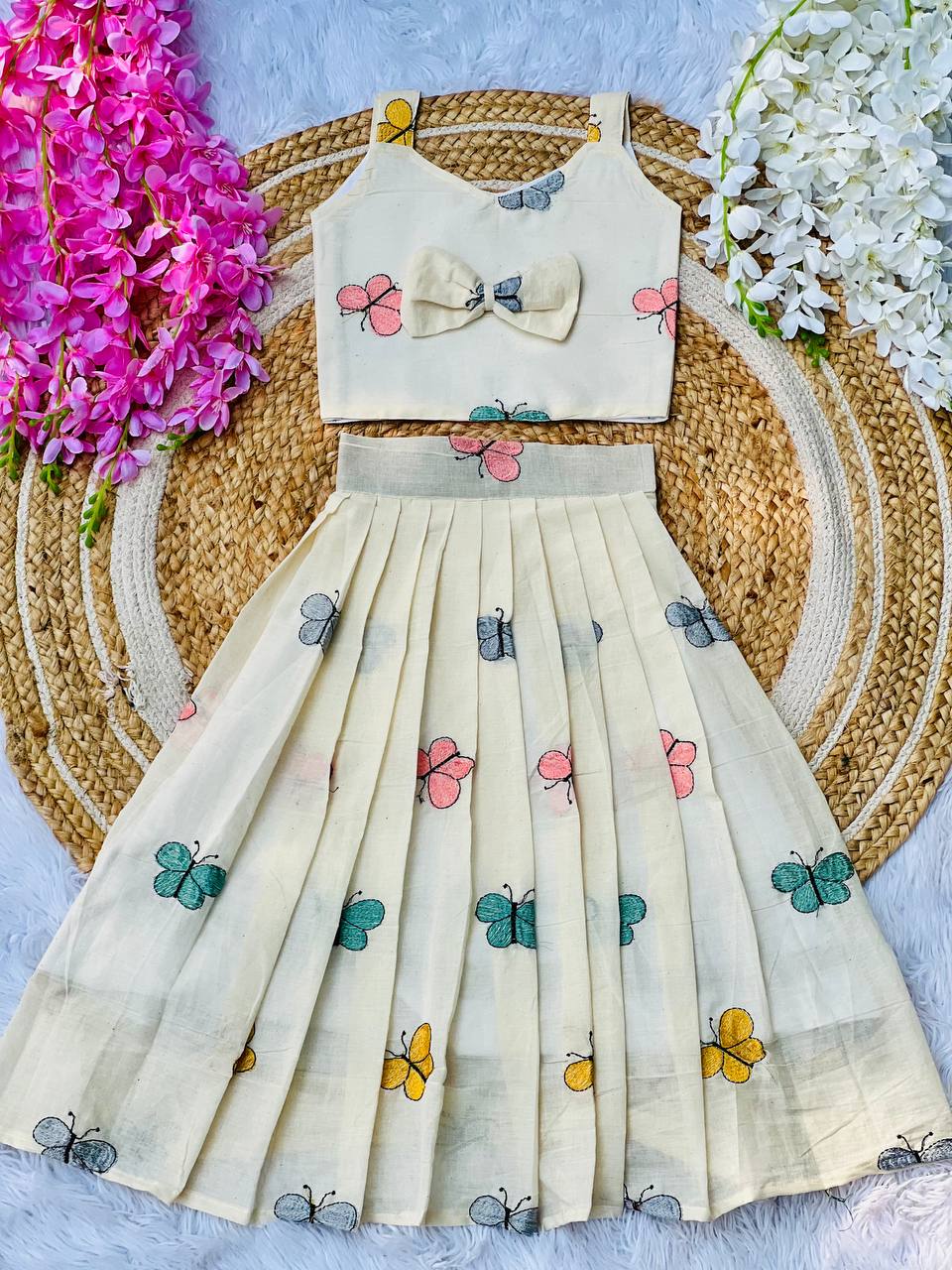 Kids Cura Cotton Lehenga Choli with Vibrant Embroidery & Flower Print Gown Style