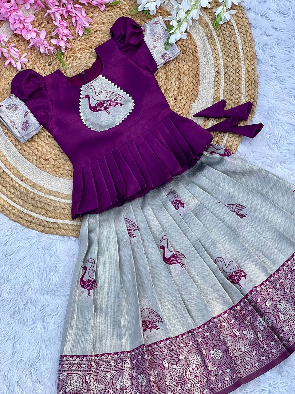 Kids Art Silk Lehenga Choli with Fiesta Weaving Work & Satin Blouse | Adjustable Drawstring