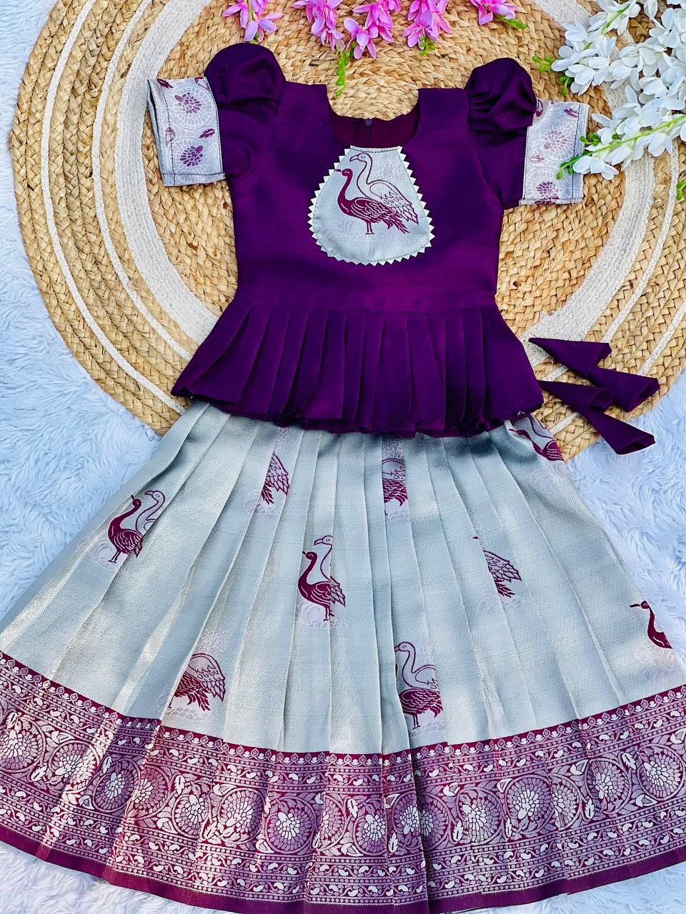 Kids Art Silk Lehenga Choli with Fiesta Weaving Work & Satin Blouse | Adjustable Drawstring