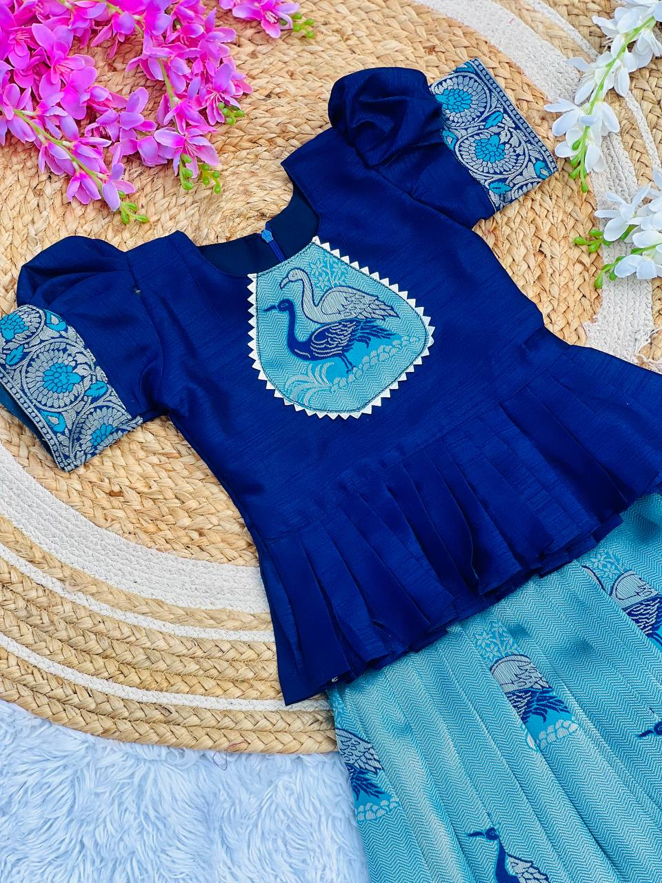 Kids Art Silk Lehenga Choli with Fiesta Weaving Work & Satin Blouse | Adjustable Drawstring