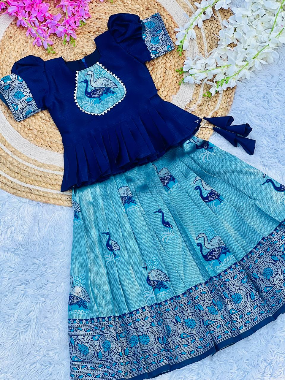 Kids Art Silk Lehenga Choli with Fiesta Weaving Work & Satin Blouse | Adjustable Drawstring