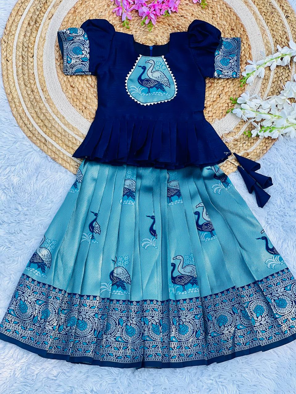 Kids Art Silk Lehenga Choli with Fiesta Weaving Work & Satin Blouse | Adjustable Drawstring