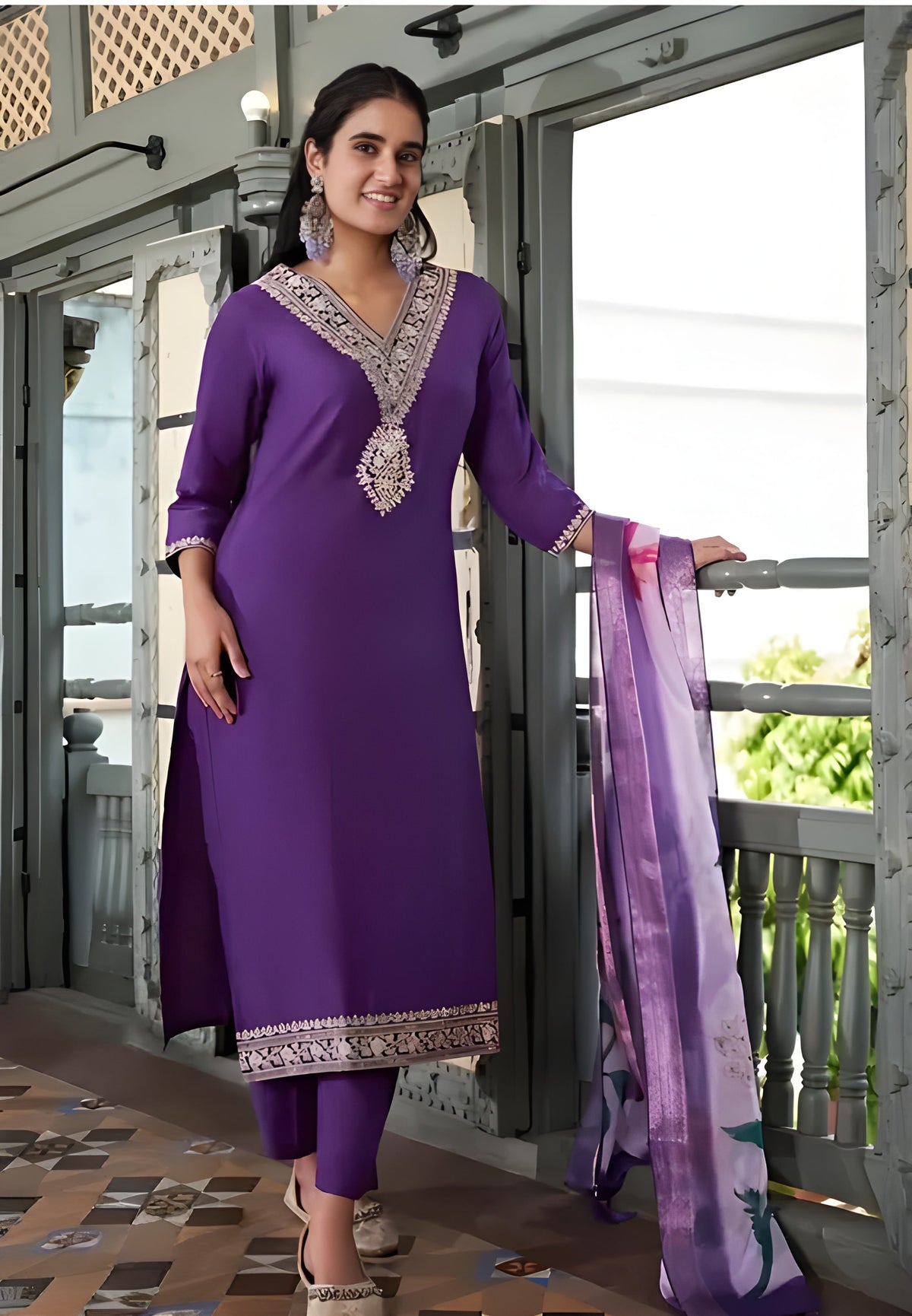 Roman Ringani Embroidery Lace Border Kurti with Pant & Dupatta Set | Festival Special Rayon Slub