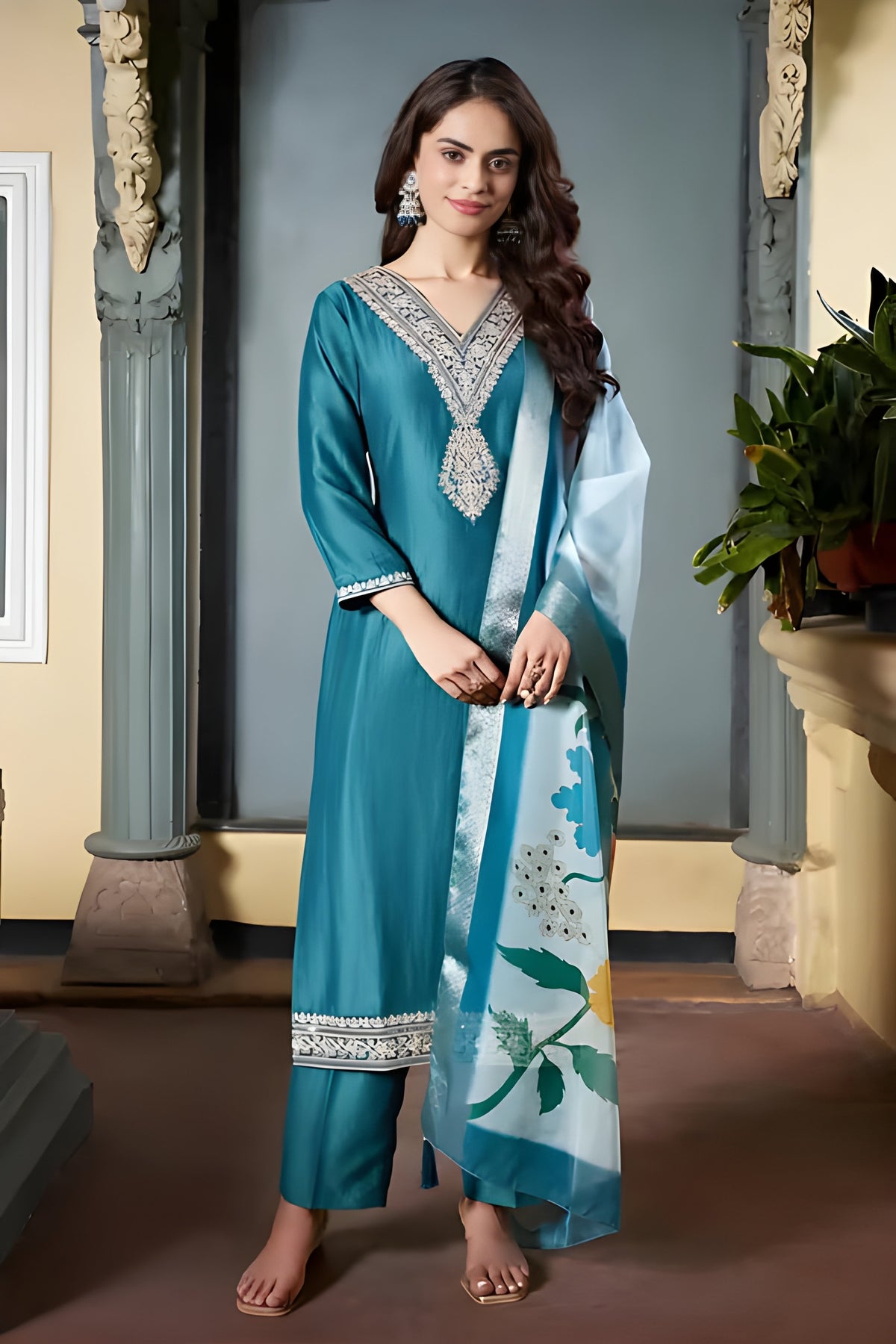Roman Blue Kurti with Pant & Dupatta Set | Premium Rayon Slub | Festival & Party Wear