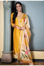 Roman Yellow Embroidery Lace Border Kurti with Pant & Dupatta Set | Festival Special Rayon Slub