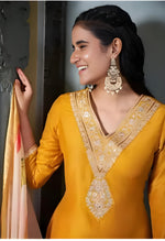 Roman Yellow Embroidery Lace Border Kurti with Pant & Dupatta Set | Festival Special Rayon Slub