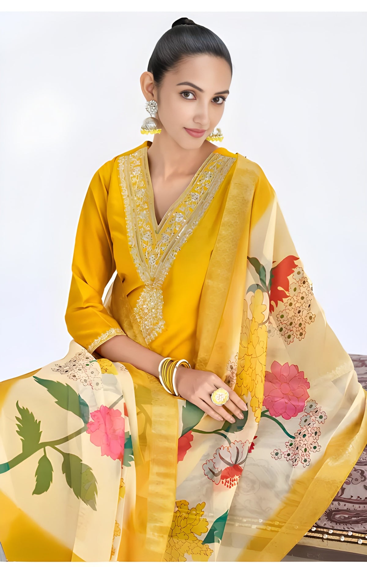 Roman Yellow Embroidery Lace Border Kurti with Pant & Dupatta Set | Festival Special Rayon Slub