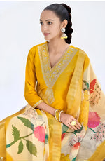 Roman Yellow Embroidery Lace Border Kurti with Pant & Dupatta Set | Festival Special Rayon Slub
