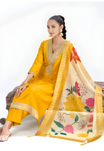 Roman Yellow Embroidery Lace Border Kurti with Pant & Dupatta Set | Festival Special Rayon Slub