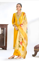 Roman Yellow Embroidery Lace Border Kurti with Pant & Dupatta Set | Festival Special Rayon Slub