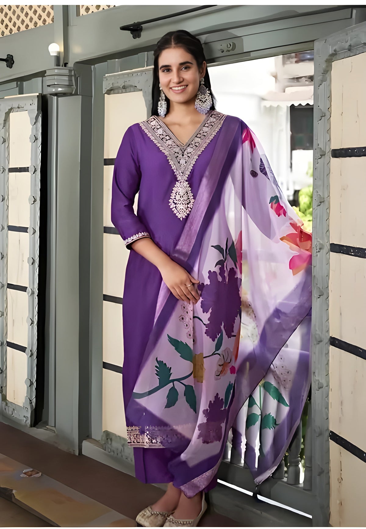 Roman Ringani Embroidery Lace Border Kurti with Pant & Dupatta Set | Festival Special Rayon Slub