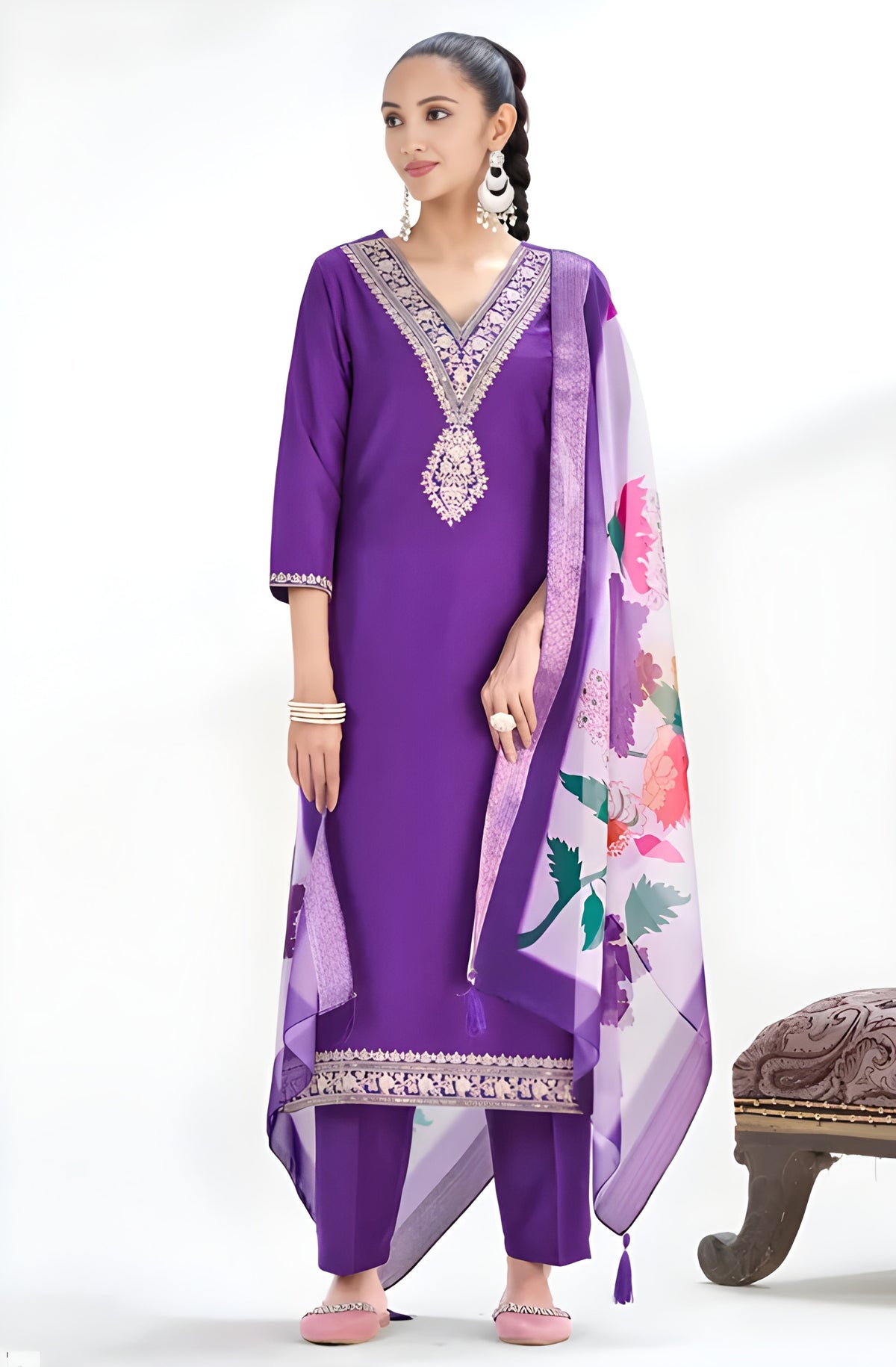 Roman Ringani Embroidery Lace Border Kurti with Pant & Dupatta Set | Festival Special Rayon Slub
