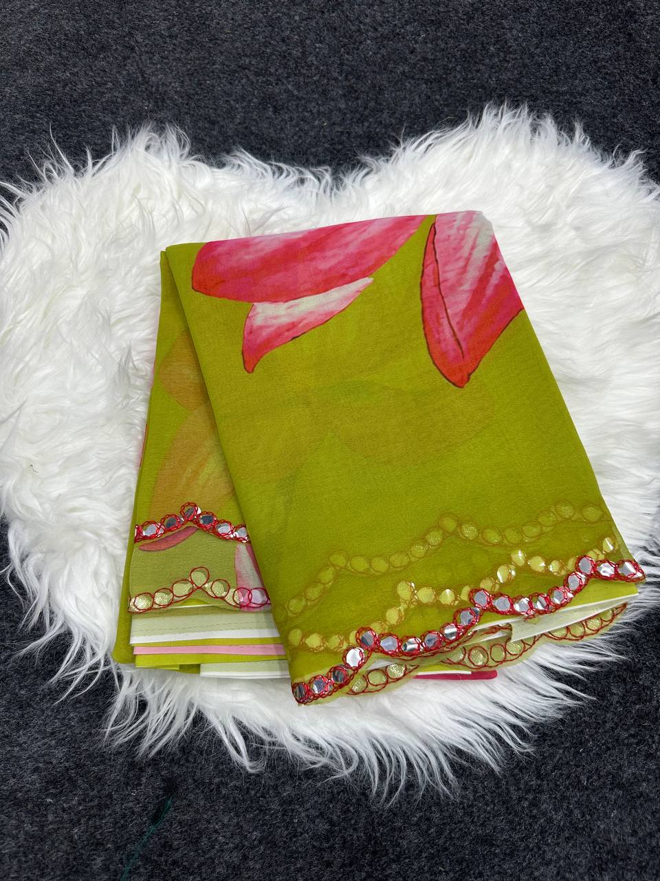 Rass Georgette Silk Saree with Mirror Work Border & Georgette Blouse