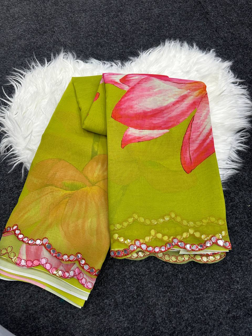 Rass Georgette Silk Saree with Mirror Work Border & Georgette Blouse