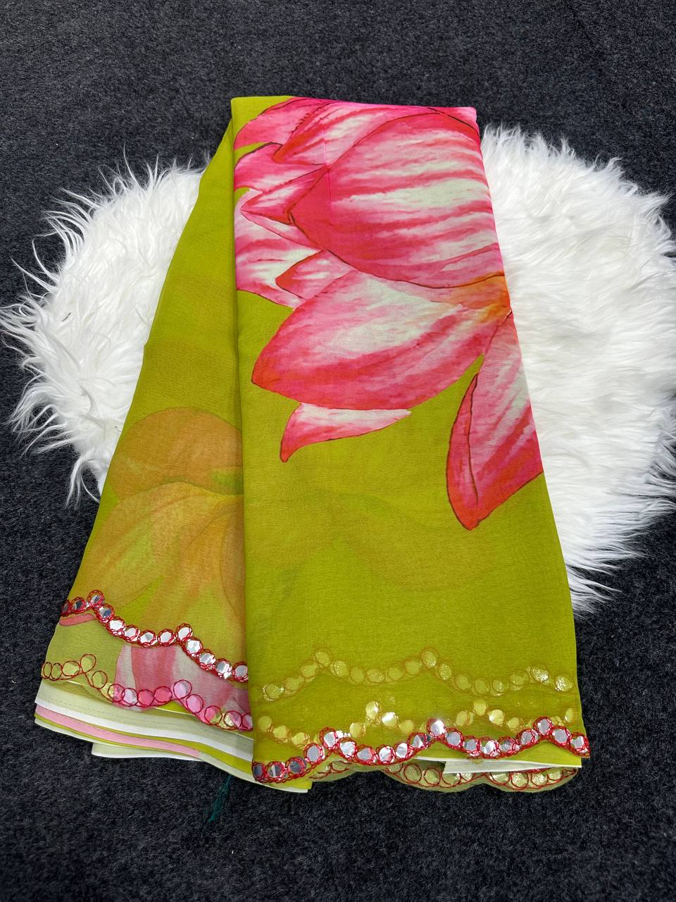 Rass Georgette Silk Saree with Mirror Work Border & Georgette Blouse