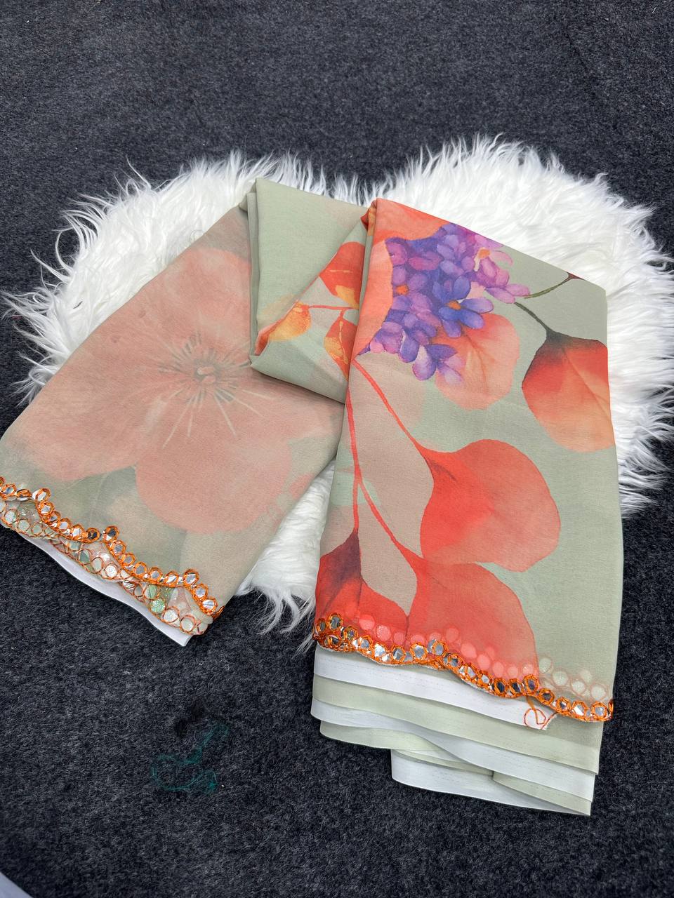 Rass Georgette Silk Saree with Mirror Work Border & Georgette Blouse