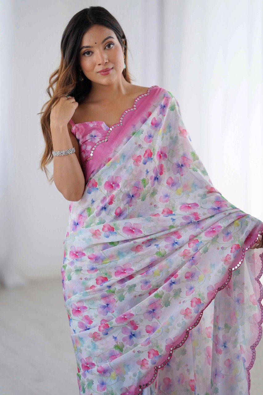 Premium Rass Georgette Silk Saree with Vibrant Print & Mirror Embellishment