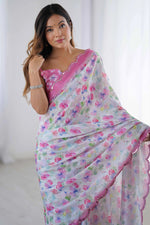 Premium Rass Georgette Silk Saree with Vibrant Print & Mirror Embellishment