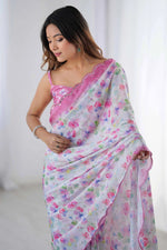 Premium Rass Georgette Silk Saree with Vibrant Print & Mirror Embellishment