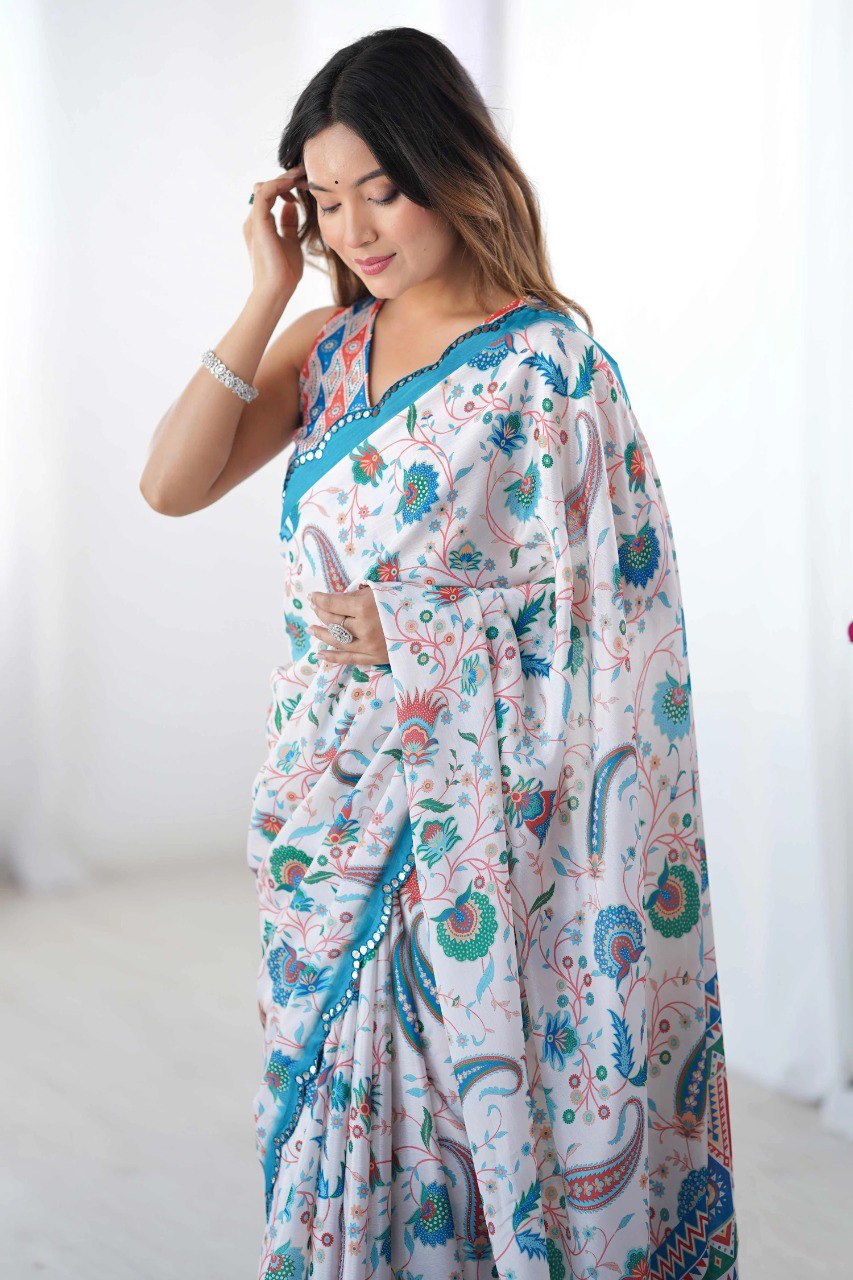 Rass Heavy Georgette Silk Saree with Multi-Tone Print & Mirror Work Border & Premium Party & Festive Wear