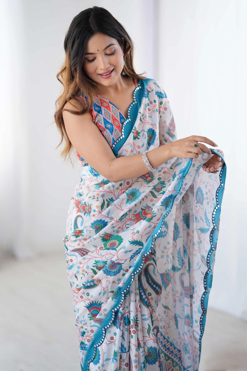 Rass Heavy Georgette Silk Saree with Multi-Tone Print & Mirror Work Border & Premium Party & Festive Wear