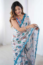Rass Heavy Georgette Silk Saree with Multi-Tone Print & Mirror Work Border & Premium Party & Festive Wear