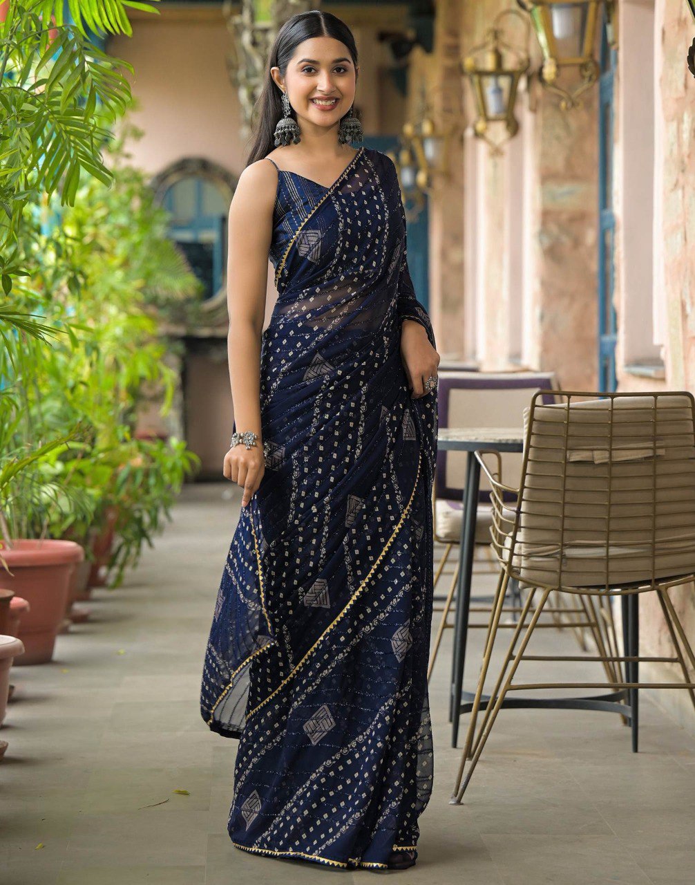 Rim-Zim Bandhani Georgette Silk Saree | Printed with Dori Work Border & Fancy Tapeta Blouse