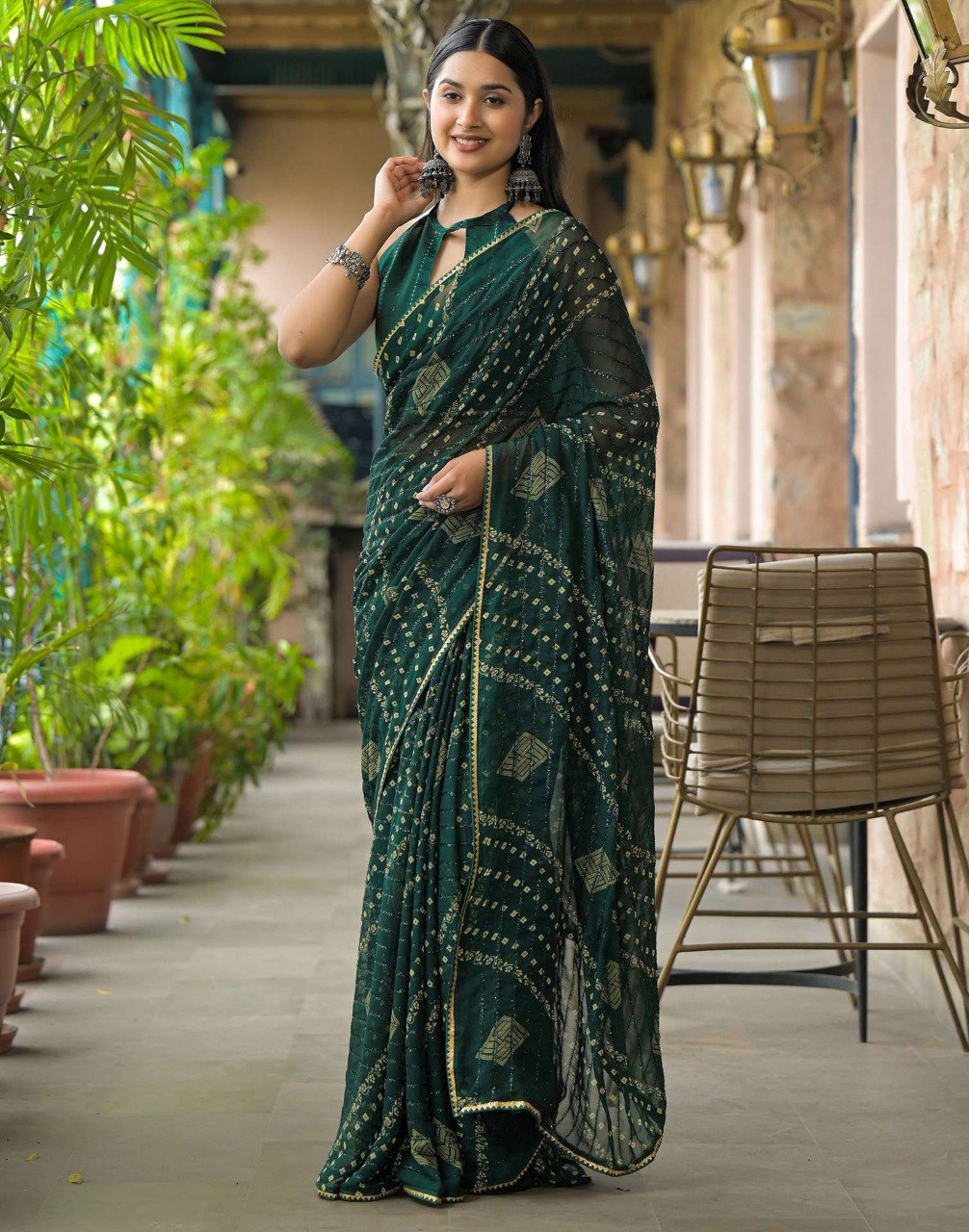 Rim-Zim Bandhani Georgette Silk Saree | Printed with Dori Work Border & Fancy Tapeta Blouse