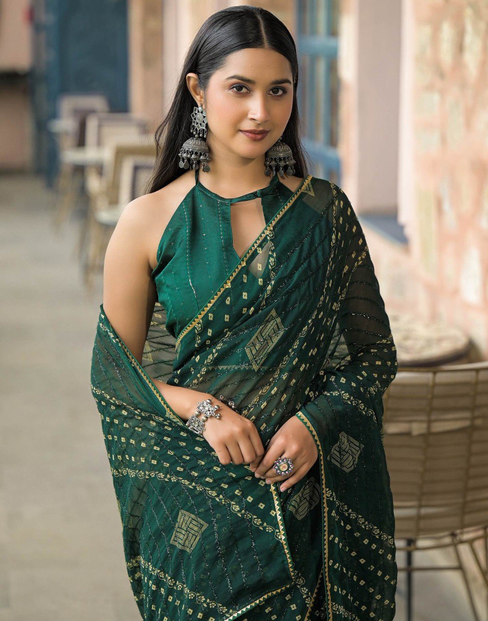 Rim-Zim Bandhani Georgette Silk Saree | Printed with Dori Work Border & Fancy Tapeta Blouse