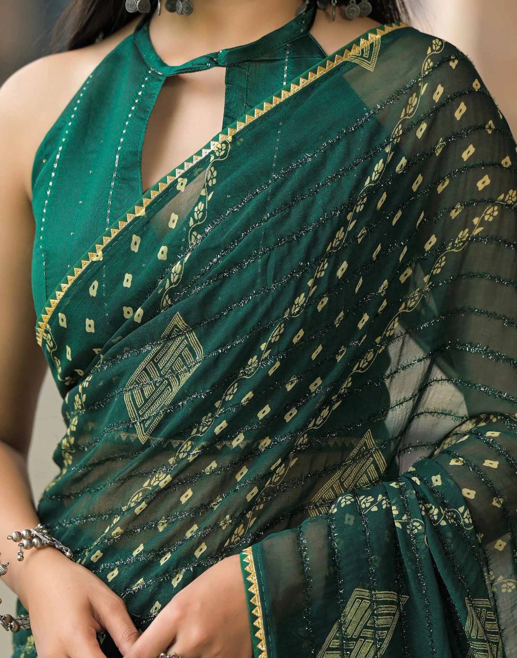 Rim-Zim Bandhani Georgette Silk Saree | Printed with Dori Work Border & Fancy Tapeta Blouse