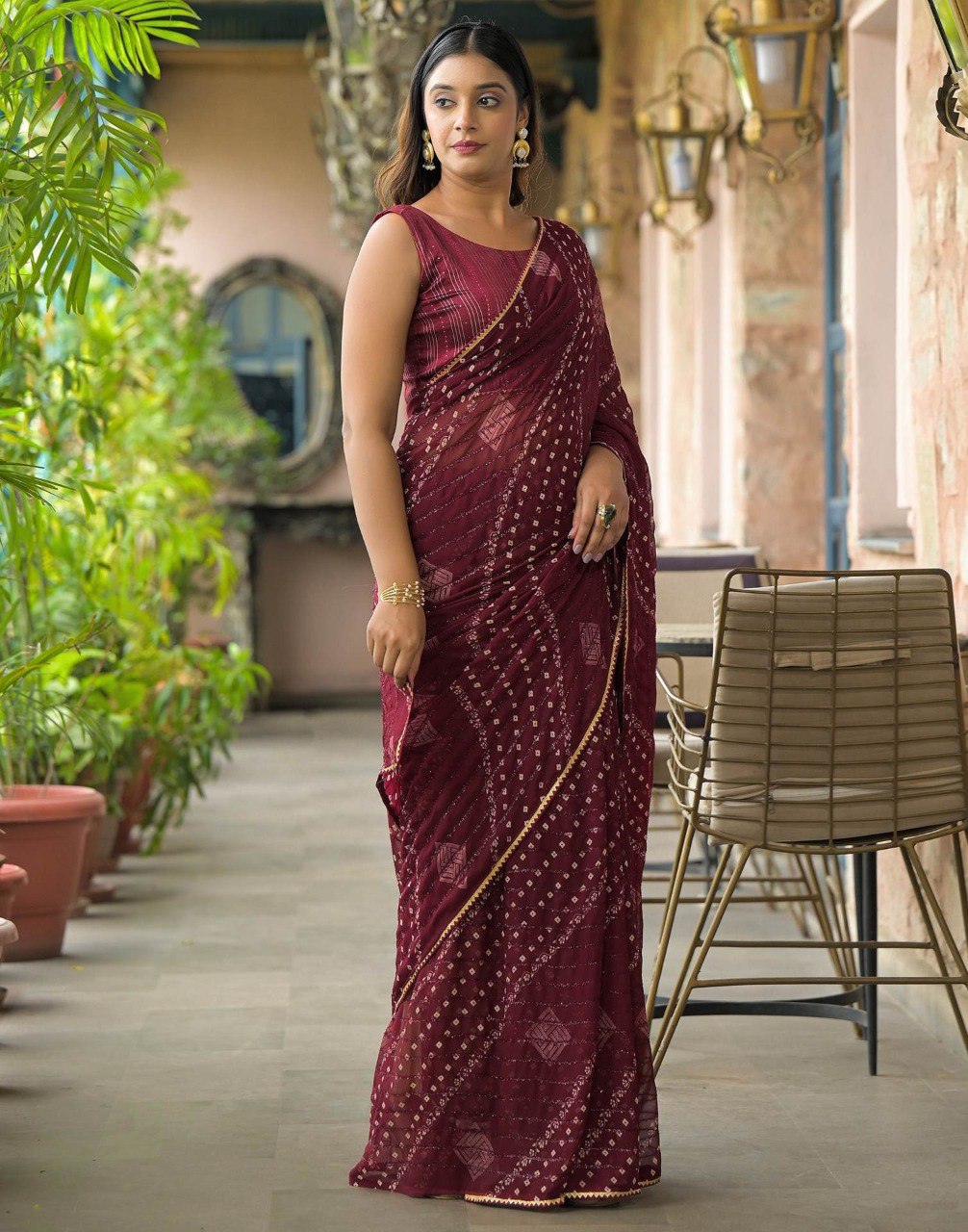 Rim-Zim Bandhani Georgette Silk Saree | Printed with Dori Work Border & Fancy Tapeta Blouse
