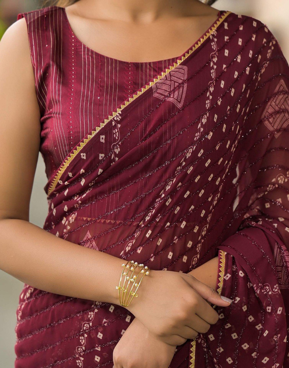 Rim-Zim Bandhani Georgette Silk Saree | Printed with Dori Work Border & Fancy Tapeta Blouse