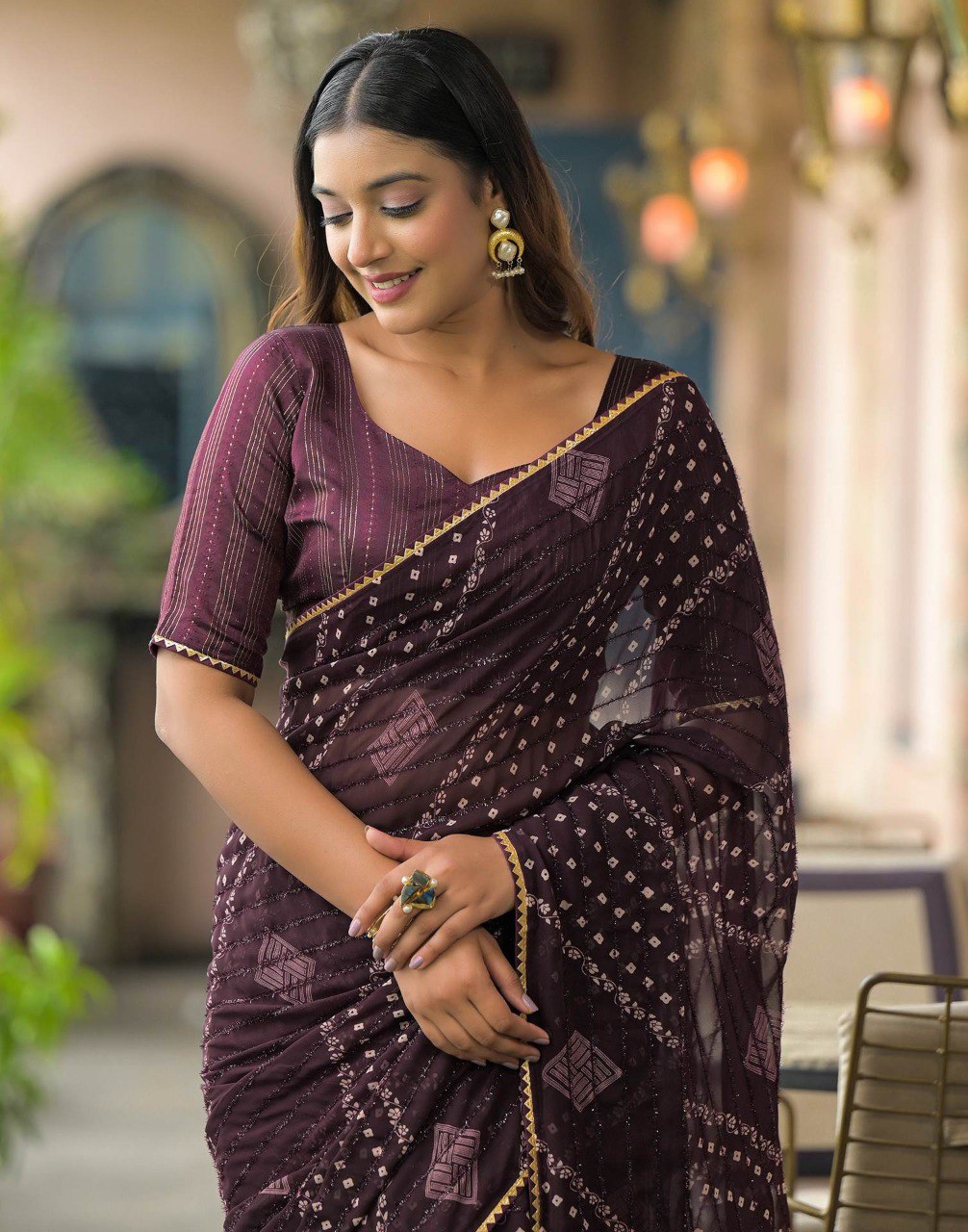 Rim-Zim Bandhani Georgette Silk Saree | Printed with Dori Work Border & Fancy Tapeta Blouse
