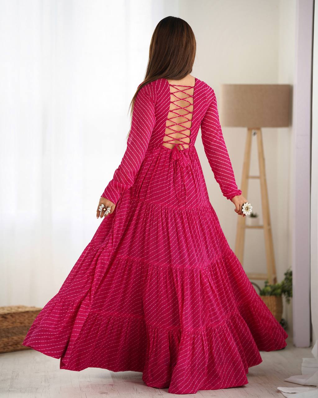 Elegant Leheriya Anarkali Gown with Gamthi Work & 7 Mtr Flair – Ready to Wear