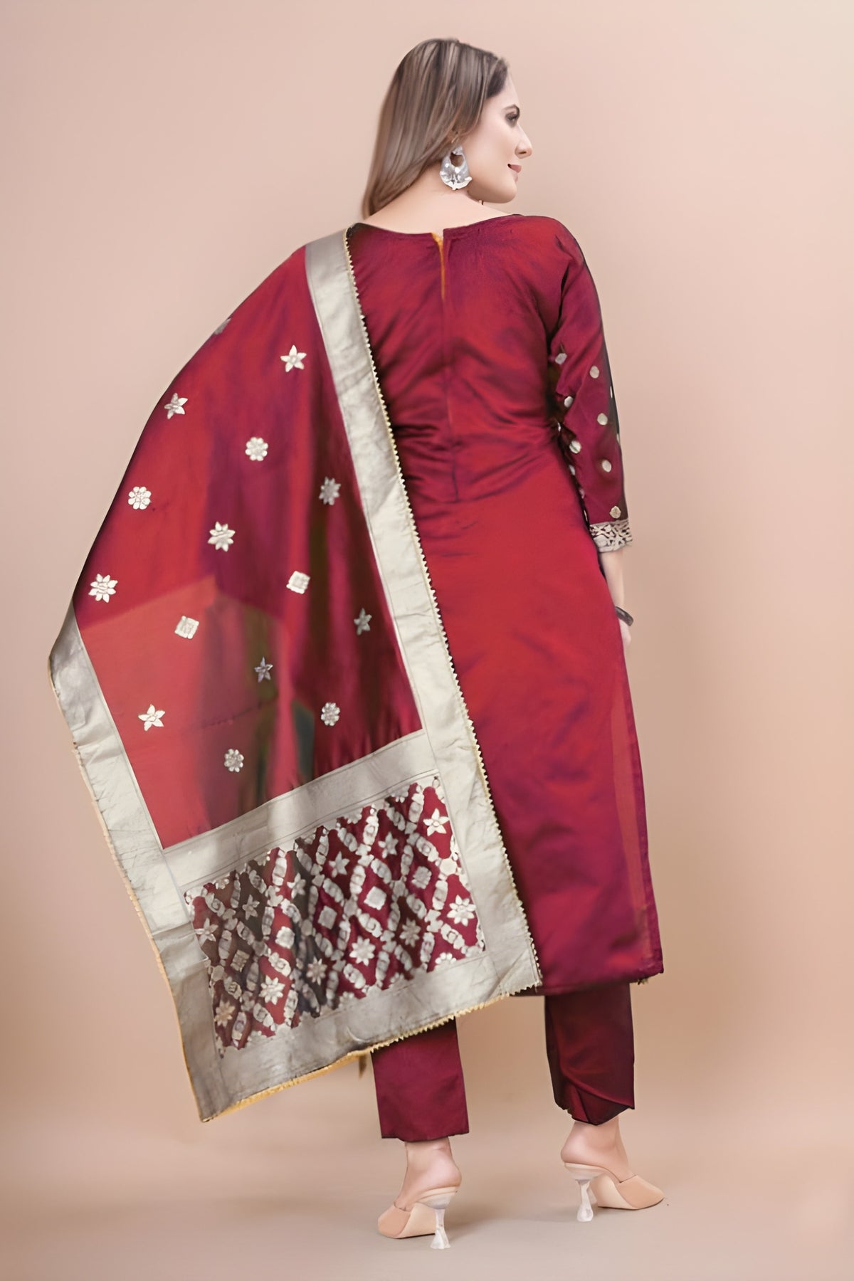 Zara Wine Jacquard Kurti with Pant & Dupatta Set | Free Size | Super Heavy Premium Quality