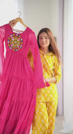 Elegant Leheriya Anarkali Gown with Gamthi Work & 7 Mtr Flair – Ready to Wear