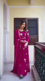Elegant 3-Piece Faux Georgette Gown Set – Sequins Embellished Gown, Pent & Dupatta