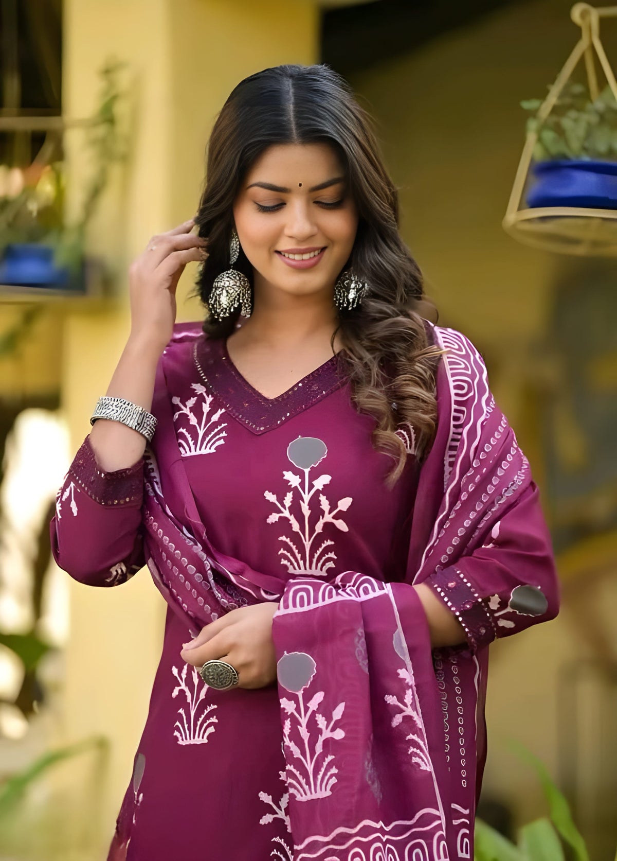 Navya Wine Embroidery Kurti with Pant & Dupatta Set | Biscuit Cotton | Premium Womenโs Festive Wear