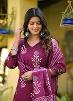 Navya Wine Embroidery Kurti with Pant & Dupatta Set | Biscuit Cotton | Premium Womenโs Festive Wear