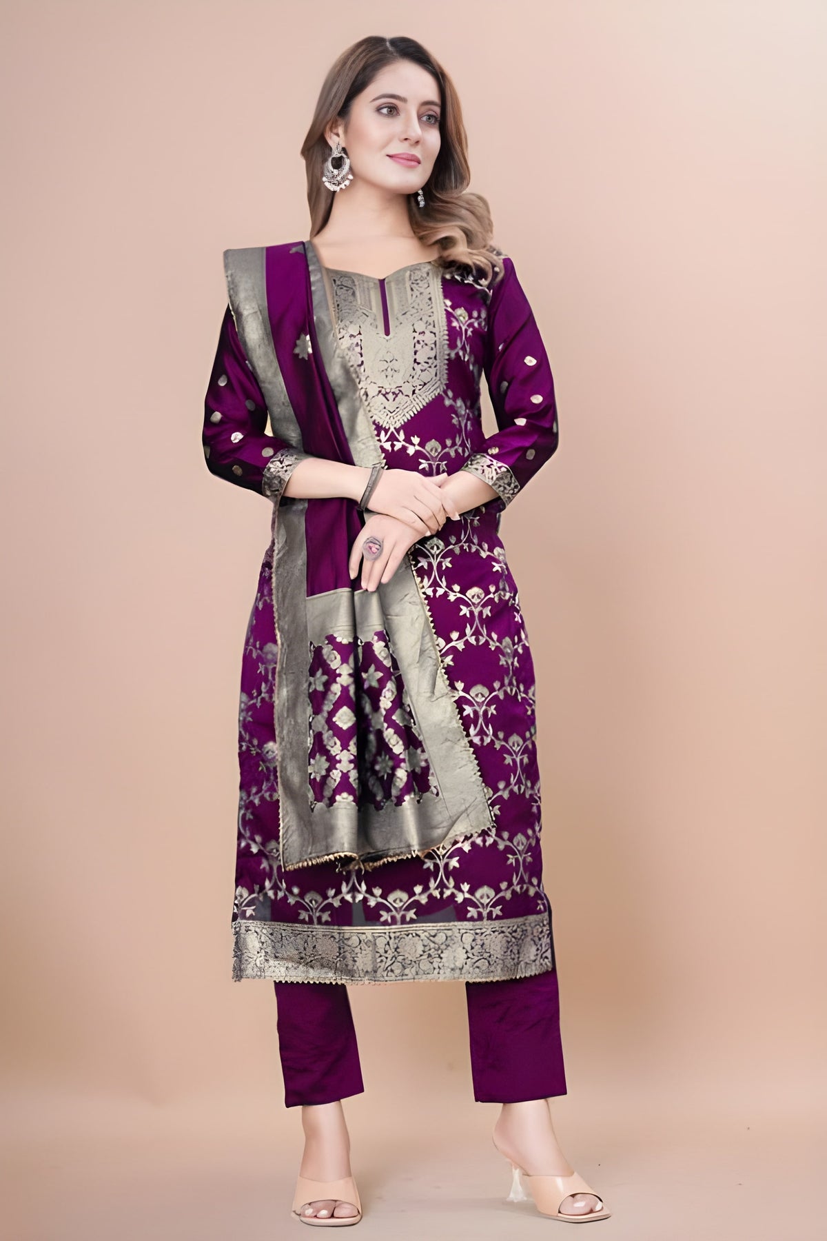 Zara Wine Jacquard Kurti with Pant & Dupatta Set | Free Size | Super Heavy Premium Quality