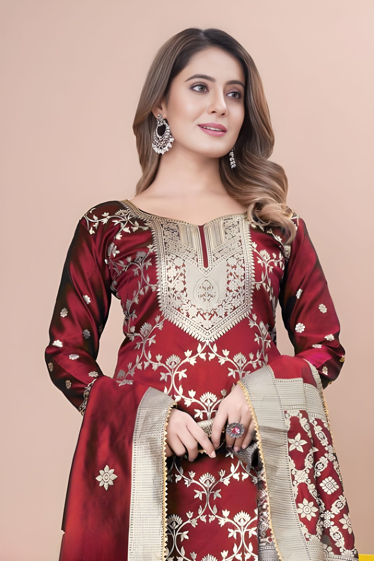 Zara Wine Jacquard Kurti with Pant & Dupatta Set | Free Size | Super Heavy Premium Quality
