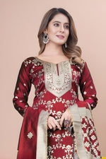 Zara Wine Jacquard Kurti with Pant & Dupatta Set | Free Size | Super Heavy Premium Quality