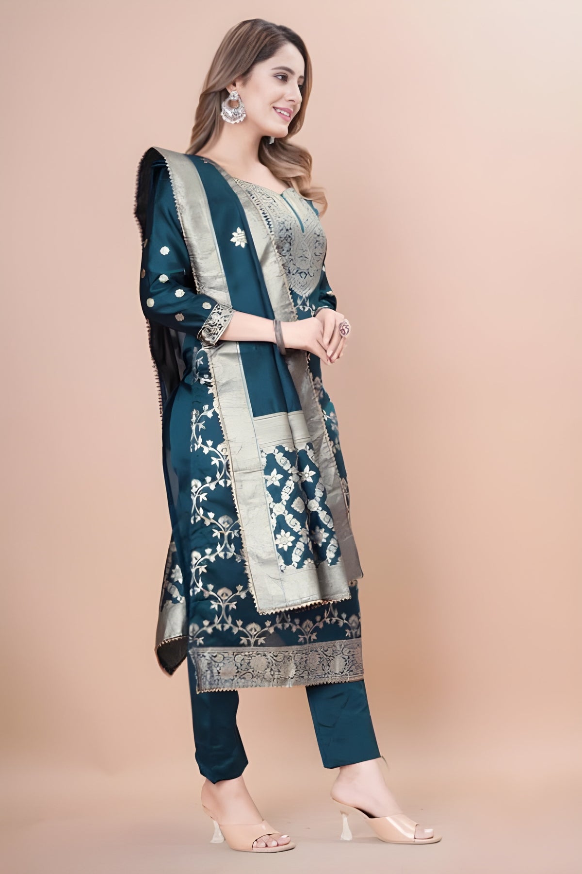 Zara Wine Jacquard Kurti with Pant & Dupatta Set | Free Size | Super Heavy Premium Quality