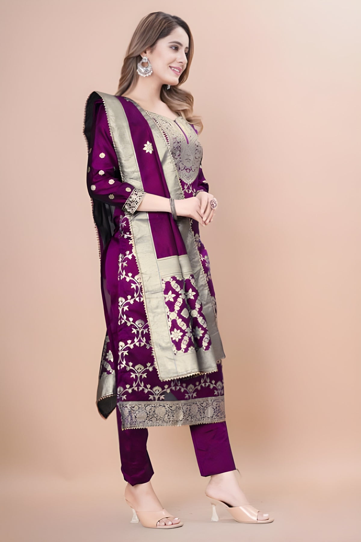 Zara Wine Jacquard Kurti with Pant & Dupatta Set | Free Size | Super Heavy Premium Quality