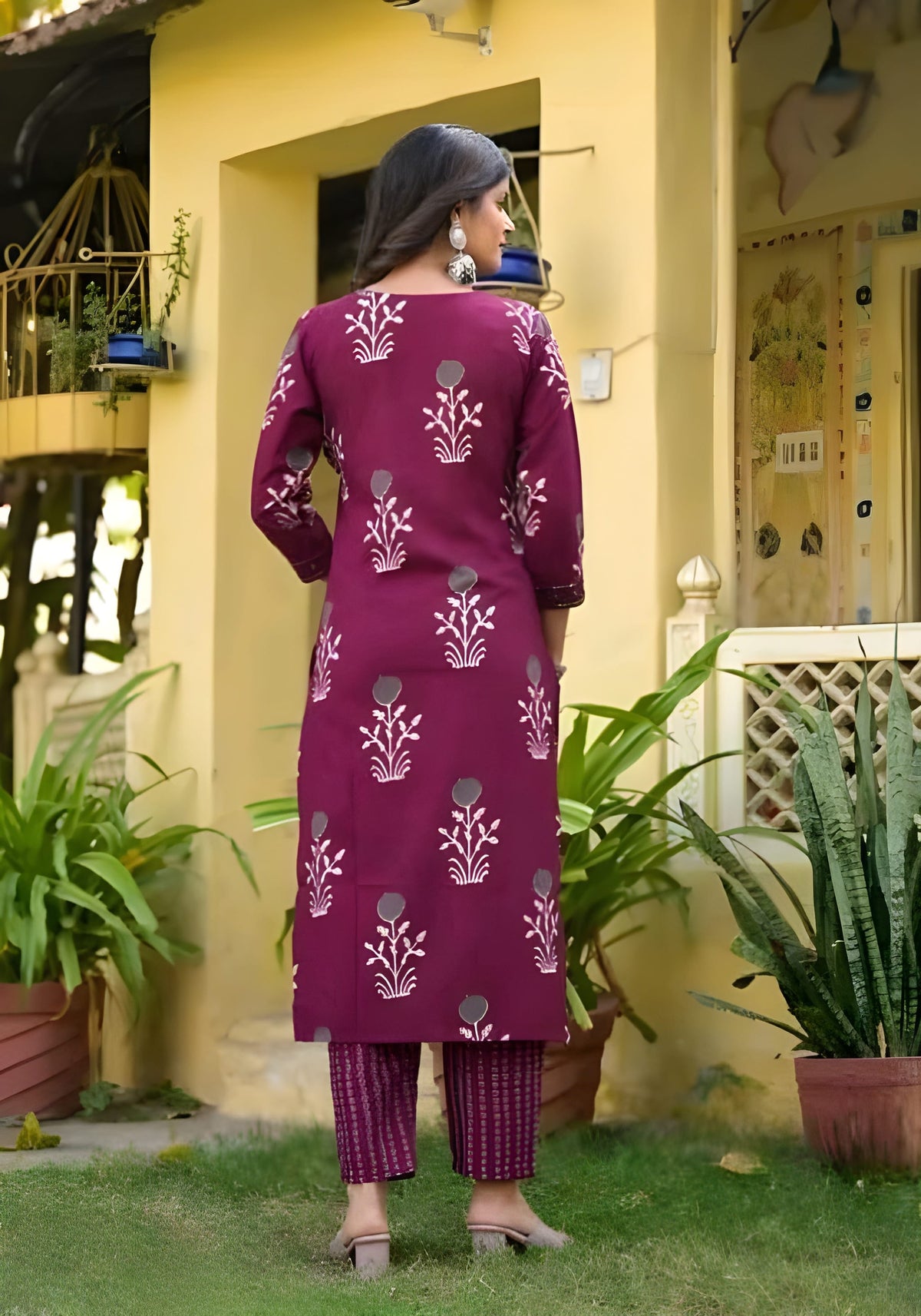 Navya Wine Embroidery Kurti with Pant & Dupatta Set | Biscuit Cotton | Premium Womenโs Festive Wear