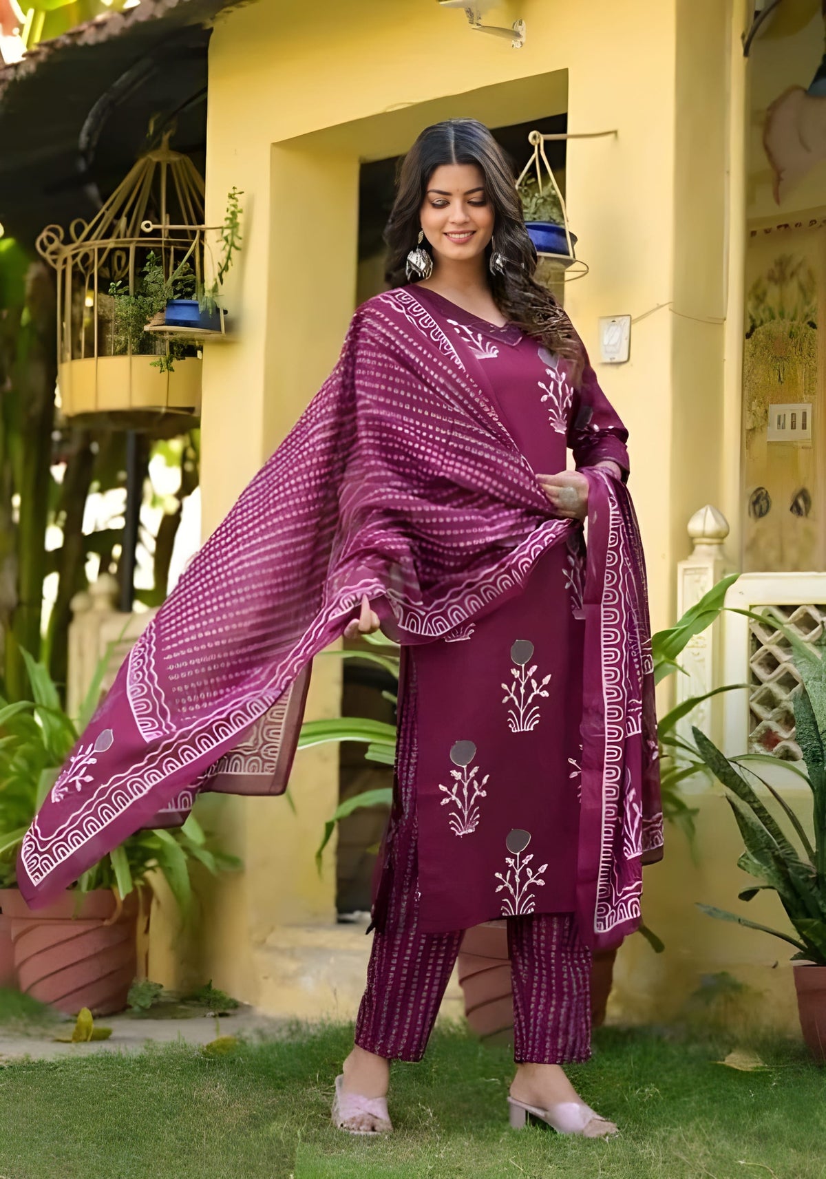 Navya Wine Embroidery Kurti with Pant & Dupatta Set | Biscuit Cotton | Premium Womenโs Festive Wear
